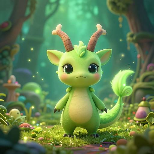 Cute, green, cartoon dragon with large eyes and small horns stands in a magical, glowing forest filled with mushrooms and twinkling lights. Digital art