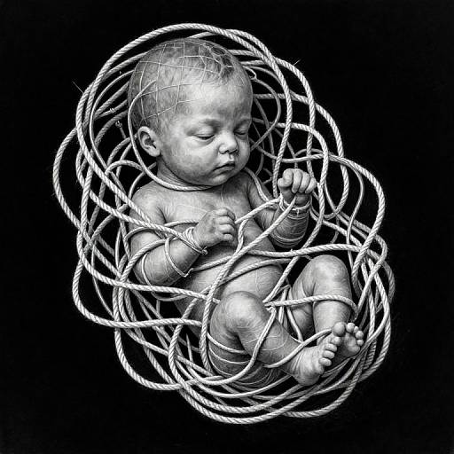 Photorealistic black-and-white digital artwork of a sleeping baby surrounded by tangled white ropes, set against a solid black background.