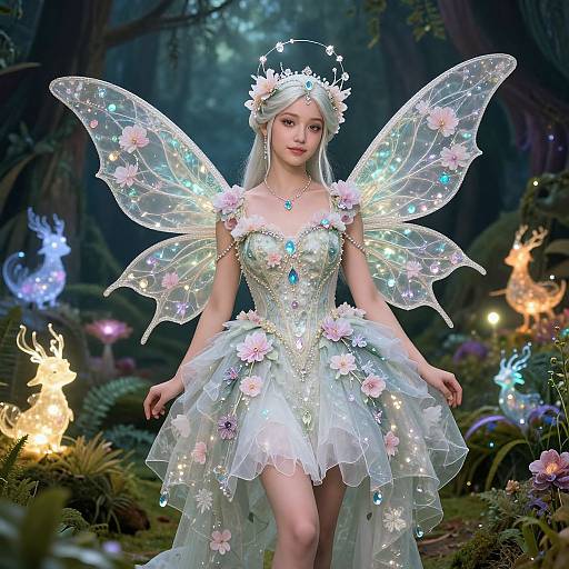 Digital fantasy artwork of a fair-skinned, ethereal fairy with glowing wings, white flower-adorned dress, crown, and forest background. En