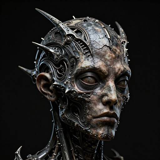 Photorealistic CGI of a cybernetic alien with cracked metallic skin, sharp spikes, and intricate circuitry patterns on a black background.