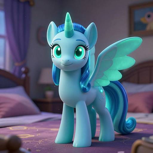 CGI image of a glowing blue, winged unicorn with large turquoise eyes, standing on a bed in a softly lit bedroom.