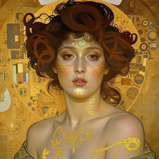 Digital artwork of a beautiful woman with golden ornate designs on her face and chest, curly brown hair, golden halo background, and intricate geometric patterns.
