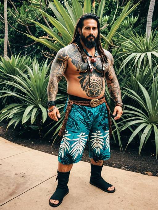 Man in Maui Costume with Tattoos and Hook