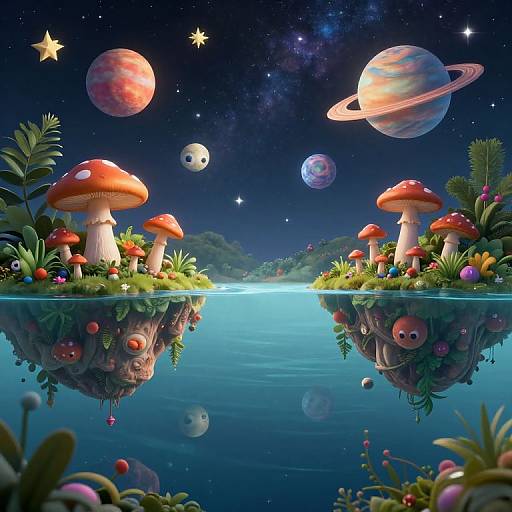 Dreamy digital illustration of floating mushroom islands with vibrant red and white mushrooms, surrounded by colorful plants and a starry, planetary night sky, reflected in