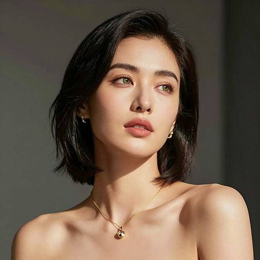 Portrait of Woman with Short Black Hair and Gold Necklace