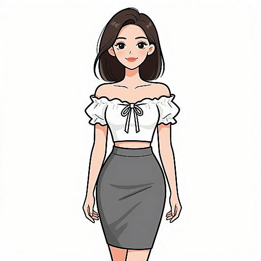 Digital anime-style drawing of a cute young woman with fair skin, black hair, wearing an off-shoulder white crop top and gray skirt.