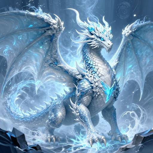 Digital illustration of a majestic, silver-blue dragon with glowing blue accents, standing on a rocky terrain surrounded by ethereal blue flames.