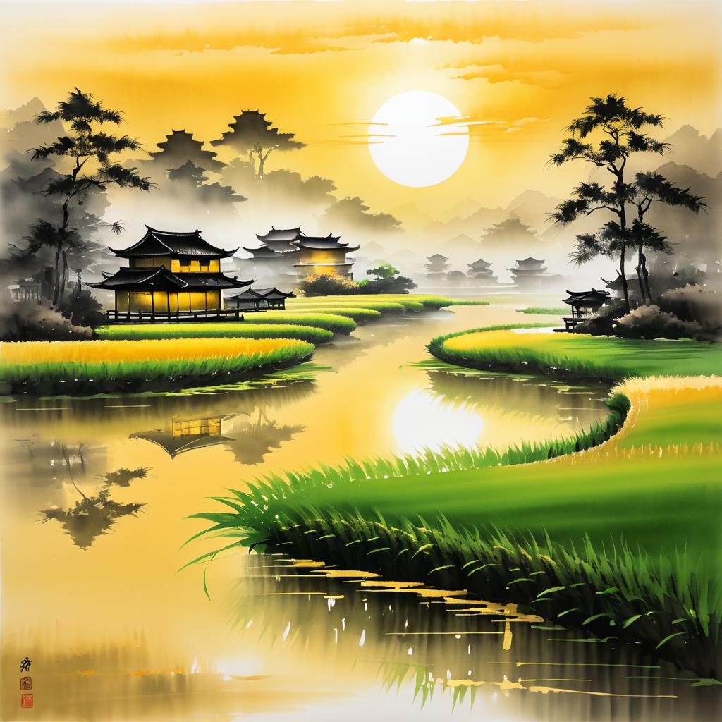 Tranquil Rice Field at Golden Sunset