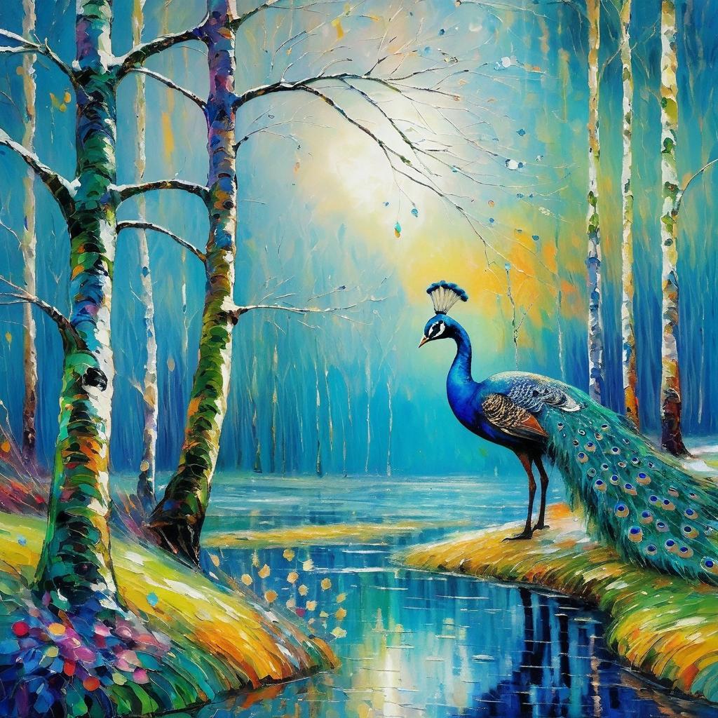 Dreamlike Peacock Under Birch Trees