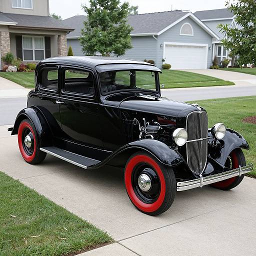 Photograph of a sleek, black vintage car with red-tinted wheels parked on a suburban driveway, surrounded by green lawns and modern houses.