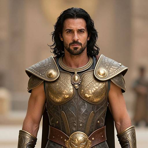 Photograph of a muscular, bearded man with long black hair wearing detailed, gold and bronze ancient warrior armor, standing in a blurred, sunlit