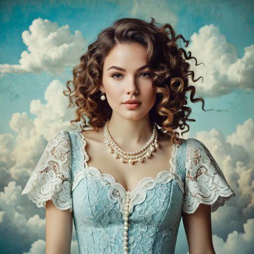 Young Woman in Pastel Lace Tea Dress with Pearl Necklace