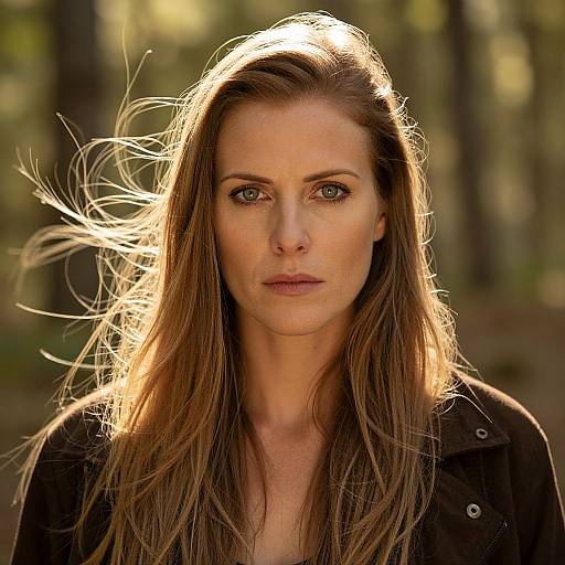 Photograph of a serious-looking Caucasian woman with long brown hair, green eyes, and sunlit forest background, wearing a black jacket.