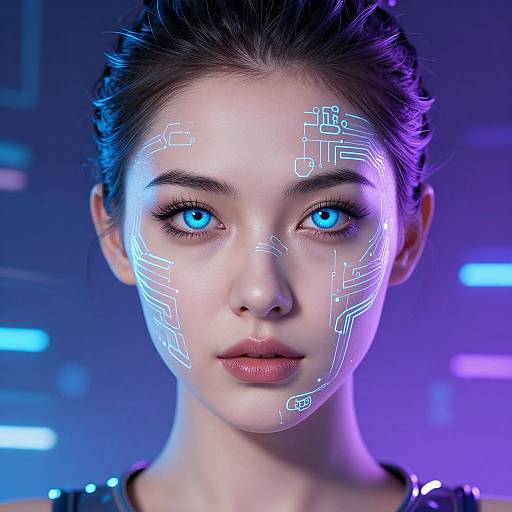Photorealistic CGI of a young woman with glowing blue eyes, cybernetic circuit patterns on her face, against a blue-lit background.
