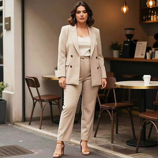 Photograph of a confident woman with wavy dark hair, wearing a cream blazer, white blouse, and high-waisted pants, standing in