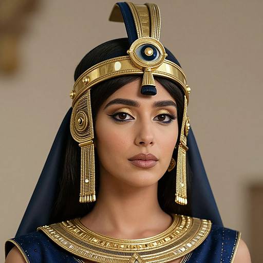 Photograph of an Egyptian woman with olive skin, black veil, gold headpiece, and necklace, featuring intricate designs, looking forward.