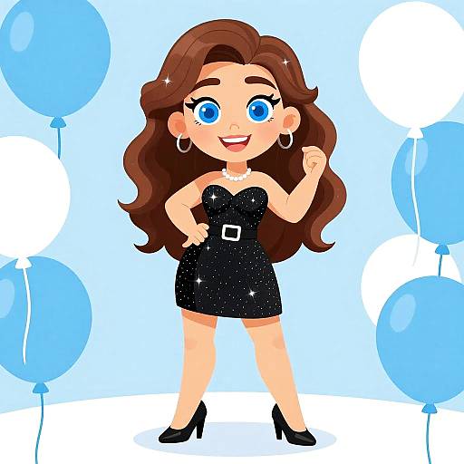 Colorful Cartoon Woman in Sparkly Dress