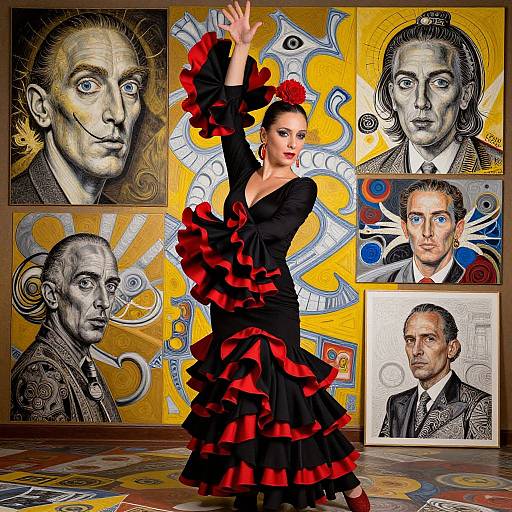 Photograph of a red and black flamenco dancer with raised arm, surrounded by six grayscale, expressionistic portraits on a yellow background.