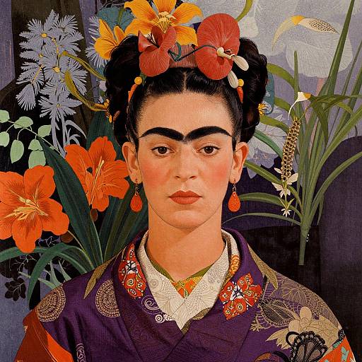 Digital portrait of a woman with dark hair adorned with red flowers, wearing a floral kimono, orange earrings, surrounded by vibrant orange lilies and blue