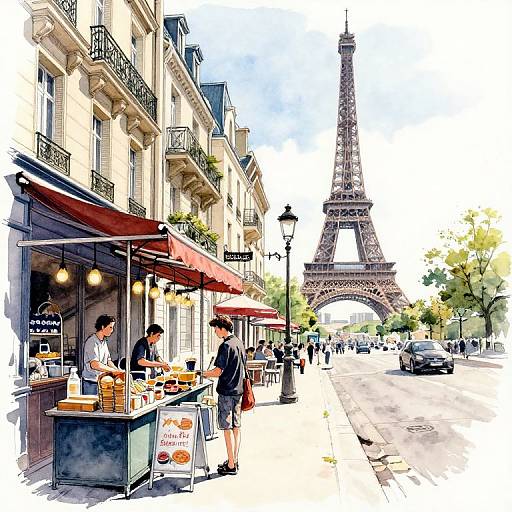Chinese Watercolor Paris Street Scene