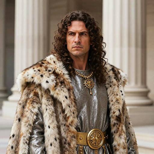 Photograph of a muscular, long-haired man with a serious expression, wearing a silver metallic shirt, fur robe with black spots, and gold belt with