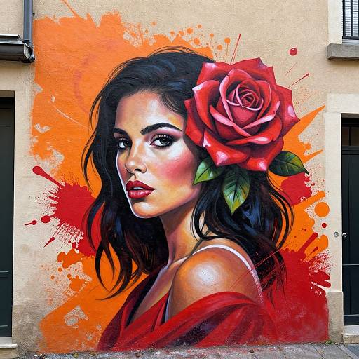 Vibrant street art of a beautiful woman with dark hair, red rose in hair, red off-shoulder top, against orange splash background.