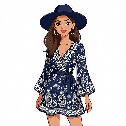Digital illustration of a young woman with long brown hair, wearing a navy blue, floral-patterned dress with a deep V-neck, and a wide-br
