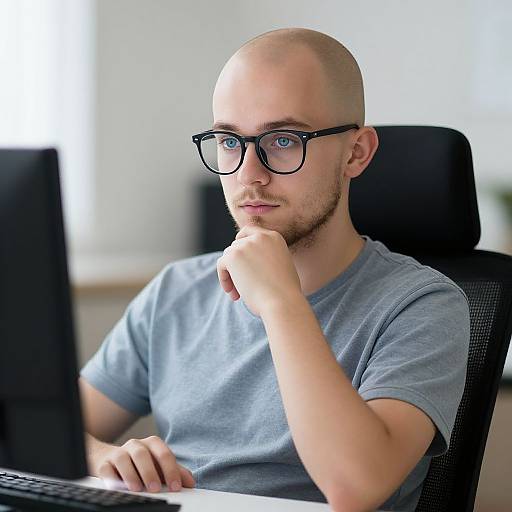 Photograph of a bald, fair-skinned man with blue eyes, black-framed glasses, light blue t-shirt, and beard, sitting at a