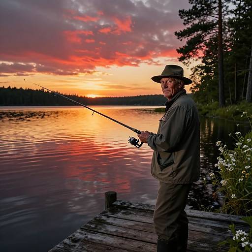 Photograph of an older white man in a green hat and jacket fishing on a wooden dock at sunset, with a vibrant, colorful sky reflecting on the