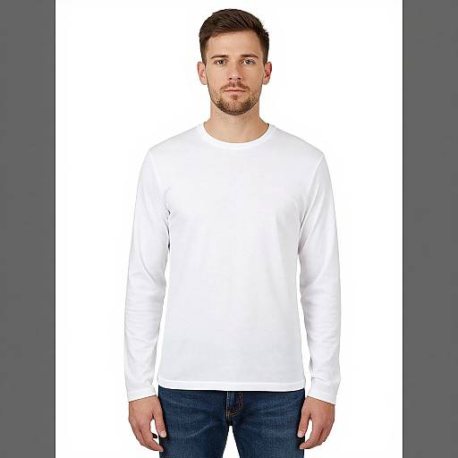 Photograph of a Caucasian man with short brown hair, light beard, wearing a plain white long-sleeve shirt and dark blue jeans, standing against