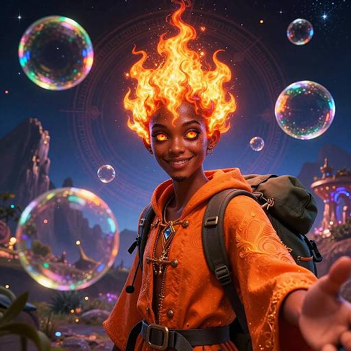 Digital art of a smiling, dark-skinned character with fiery hair and glowing eyes, wearing an orange robe and backpack, surrounded by floating bubbles in a