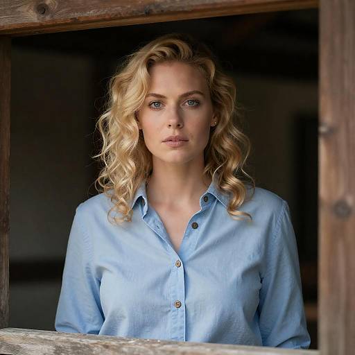 Blonde Woman with Curly Hair in Blue Shirt