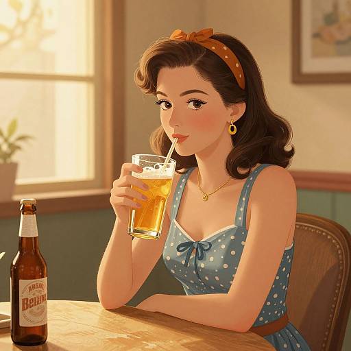 Vintage-style digital illustration of a fair-skinned woman with brown hair, wearing a blue polka dot dress, sipping beer in a sunlit café