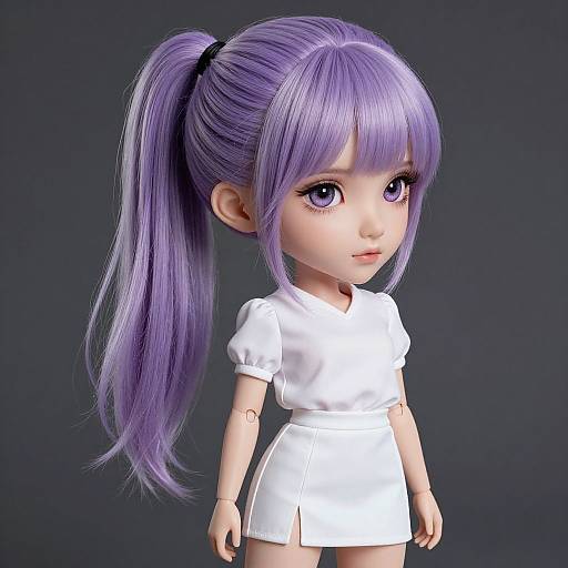 Digital CGI of a cute anime-style girl with long purple hair in a high ponytail, wearing a white short-sleeve dress, against a dark