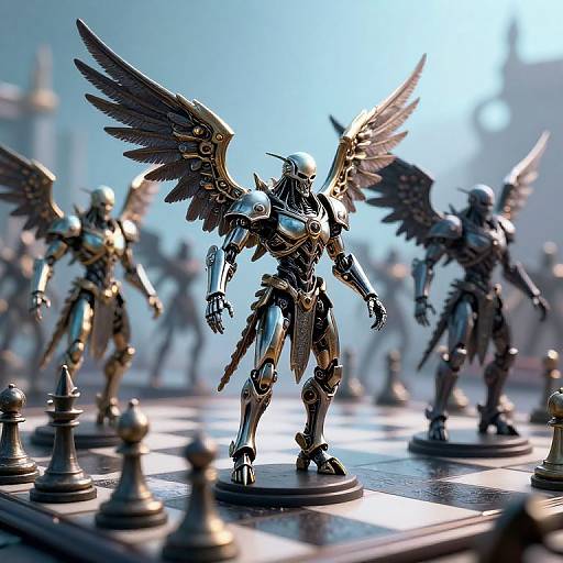 Photorealistic digital artwork of golden, winged, armored chess pieces on a checkered board, with blurred background and soft sunlight.