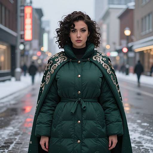 Photograph of a curvy woman with curly dark hair, green coat with ornate cape, standing on a snowy, urban street at night, surrounded