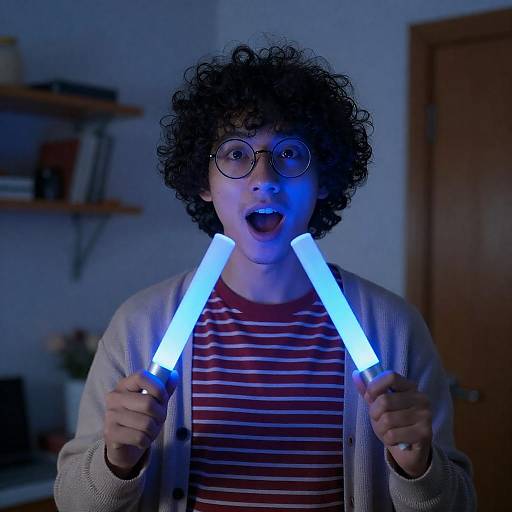 Man Holding Blue Neon Glow Sticks Indoors