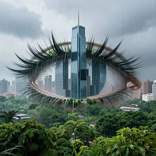 Photograph of a skyscraper in a cityscape, superimposed with a giant eye, black eyelashes, and raindrops, surrounded by lush