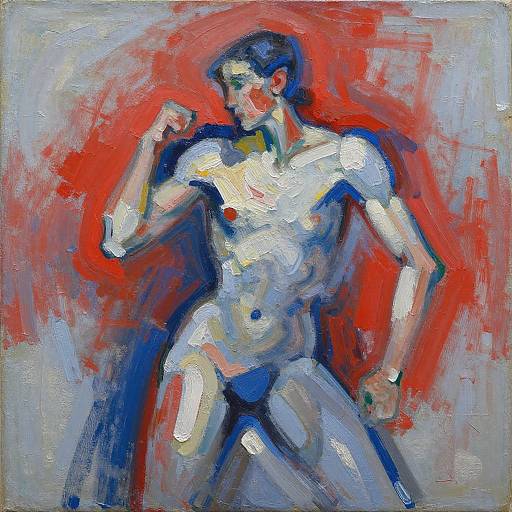 Expressionist painting of a muscular, nude male figure with blue and white brushstrokes, flexing arm, against a vibrant red background.