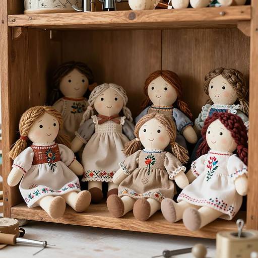 Handcrafted Artisan Dolls on Rustic Shelf