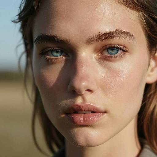 Close-up photograph of a young woman with fair skin, blue eyes, and natural brown hair, featuring slightly parted lips and subtle freckles, against