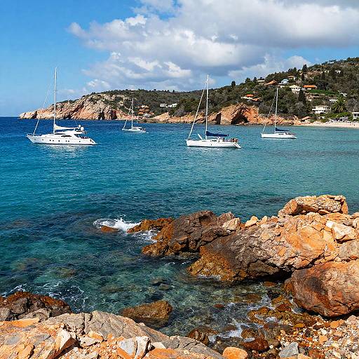 Photograph of a vibrant coastal scene with clear blue water, rocky shoreline, and several white sailboats anchored near a lush, green hillside under a