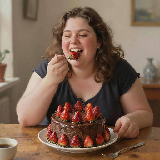 Photograph of a fair-skinned, curvy woman with wavy brown hair, wearing a black shirt, joyfully eating a chocolate cake topped with