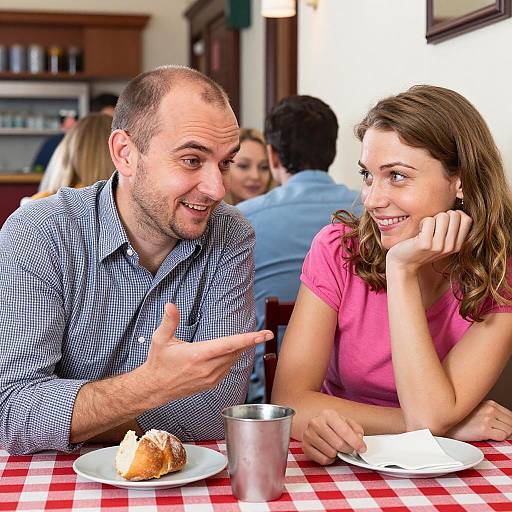 Smiling Couple Conversing at Restaurant