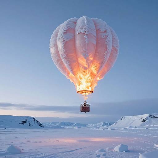 Photograph of a pink, snow-covered hot air balloon with a glowing flame, soaring over a snowy, mountainous landscape at dusk.