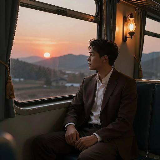 Man in Suit in Sunset Train Compartment