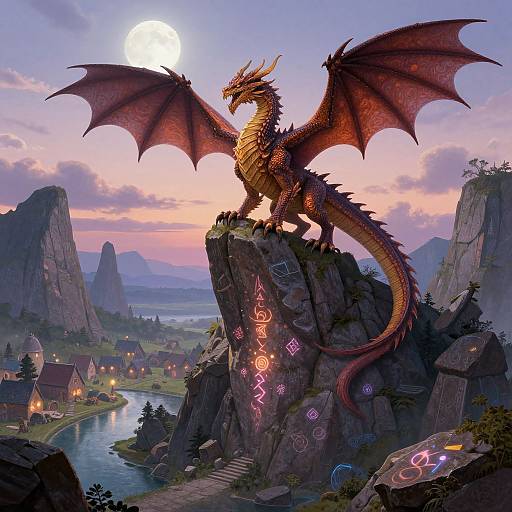 Digital fantasy artwork of a red dragon with large wings standing on a rocky cliff at sunset, glowing runes on rock, village and river in the background,