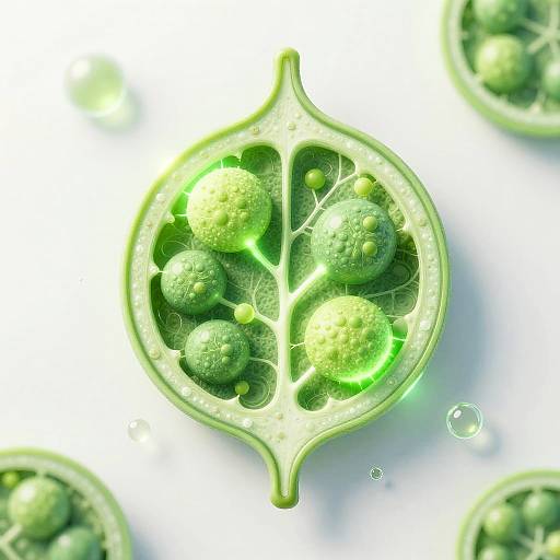 Digital CGI image of a green, cross-sectioned fruit pod containing six round, green, textured seeds with glowing accents and bubbles.