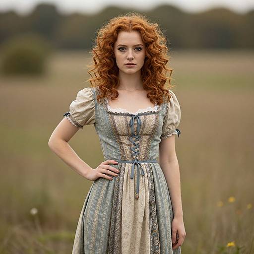 Photograph of a fair-skinned redheaded woman with curly hair, wearing a blue and beige Victorian-style dress, standing in a grassy field.