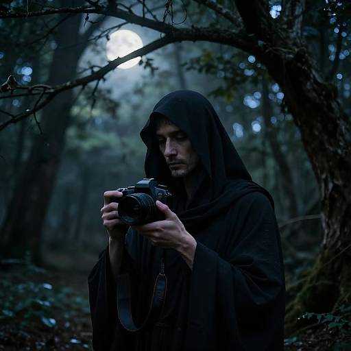 Photograph of a hooded man in a dark cloak, holding a camera in a moonlit, dense forest, with blurred trees in the background.